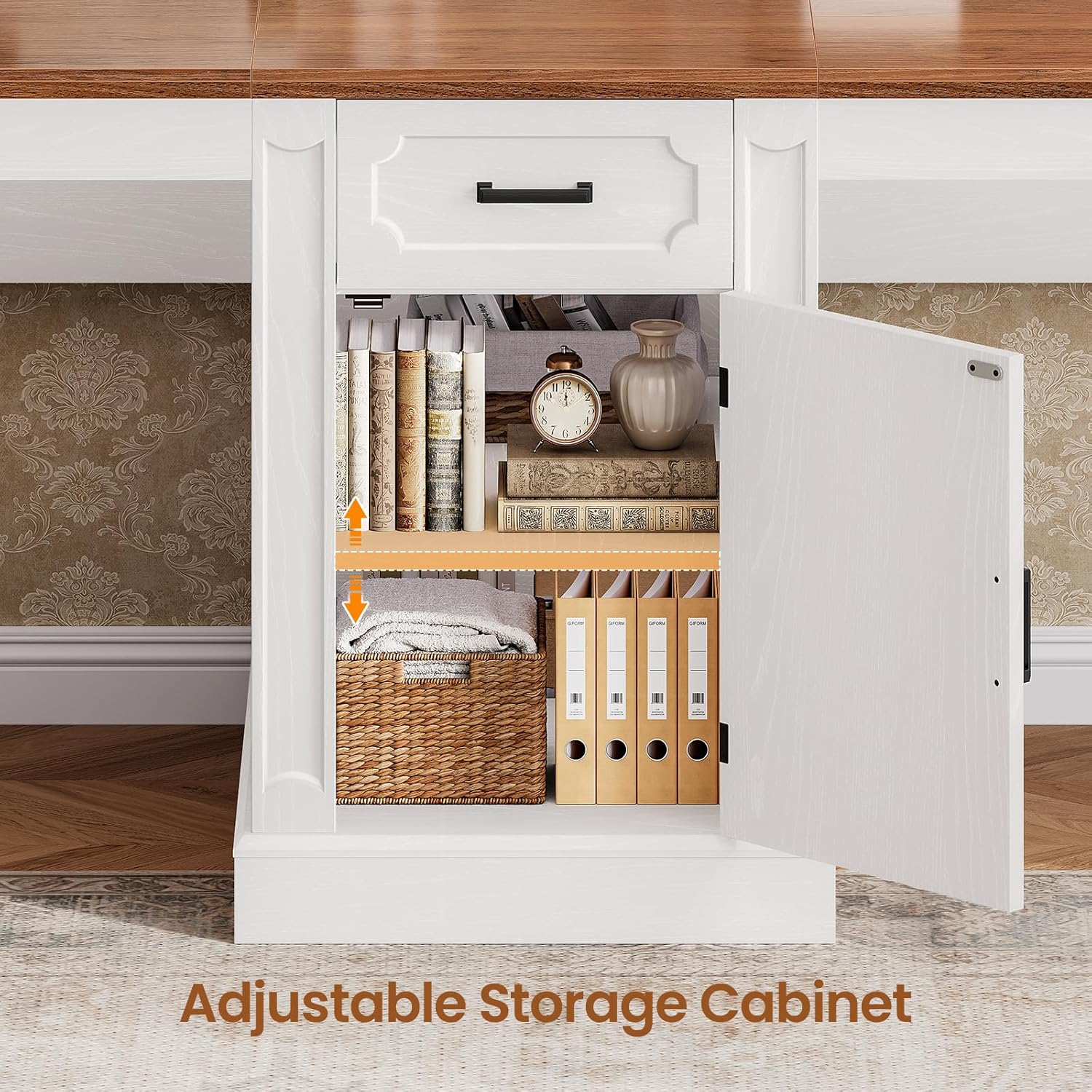 SEDETA Farmhouse 110.3" Two Person Desk with 7 Drawers, Long Computer Desk with Storage Cabinet, 2 Person Desk with Power Outlets for Home Office, White