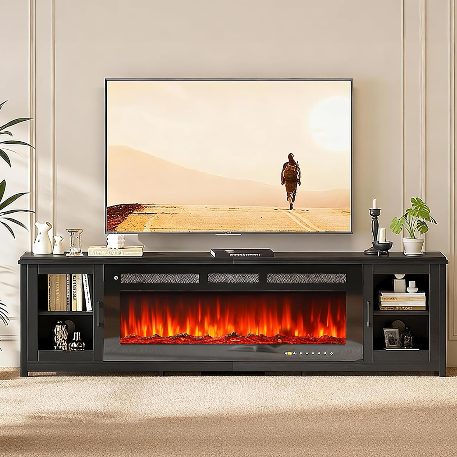 MXV 80" Fireplace TV Stand, Modern Entertainment Center with 50 Inch Smart Fireplace, Adjustable Shelf & Glass Door, Fire Place with WI-FI Enabled, TV Console for Living Room, Black