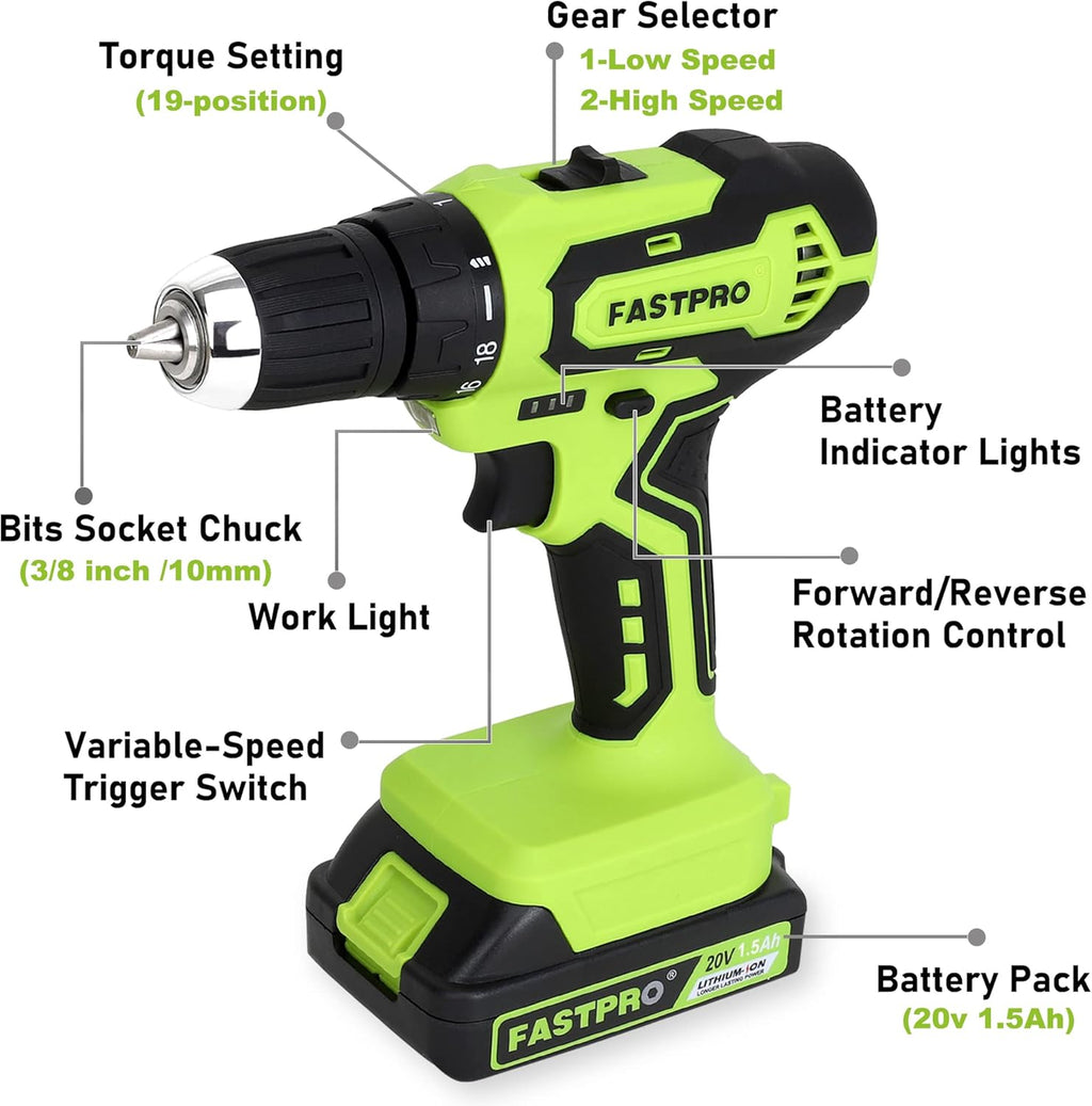 FASTPRO 177-Piece 20V Cordless Lithium-ion Drill Driver and Home Tool Set, Household Repairing Tool Kit with Drill in Storage Case, Green