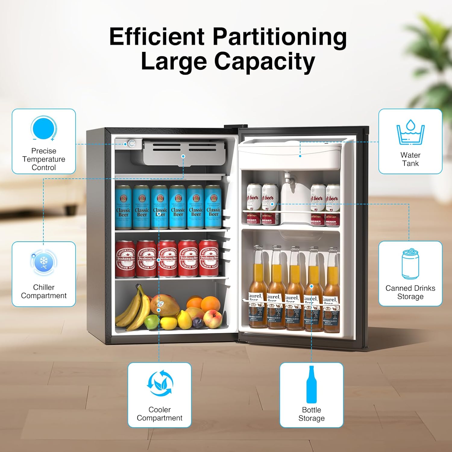 Kismile 4.41 Cu Ft Compact Refrigerator Single Door Mini Fridge with Freezer with 7 Adjustable Thermostat, Water Dispenser, Quiet&Energy Efficient Small Refrigerator for Bedroom/Dorm/Apartment, Black