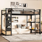 Bellemave Full Size Metal Loft Bed Frame with Wardrobe and Storage Shelves, Loft Bed with Pegboard and Drawers, Space-Saving Loft Bed Frame with Full-Length Guardrails, Black