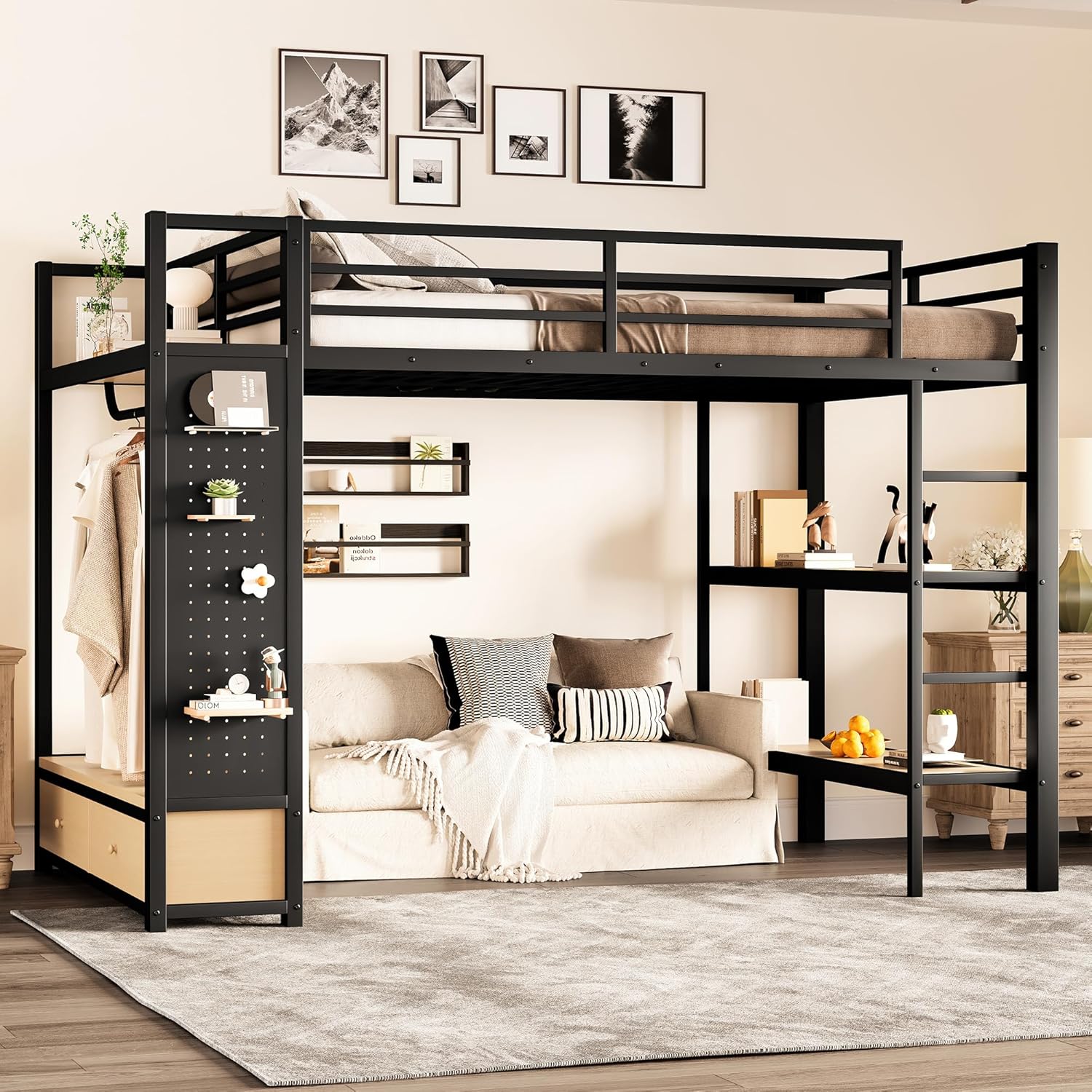 Bellemave Full Size Metal Loft Bed Frame with Wardrobe and Storage Shelves, Loft Bed with Pegboard and Drawers, Space-Saving Loft Bed Frame with Full-Length Guardrails, Black