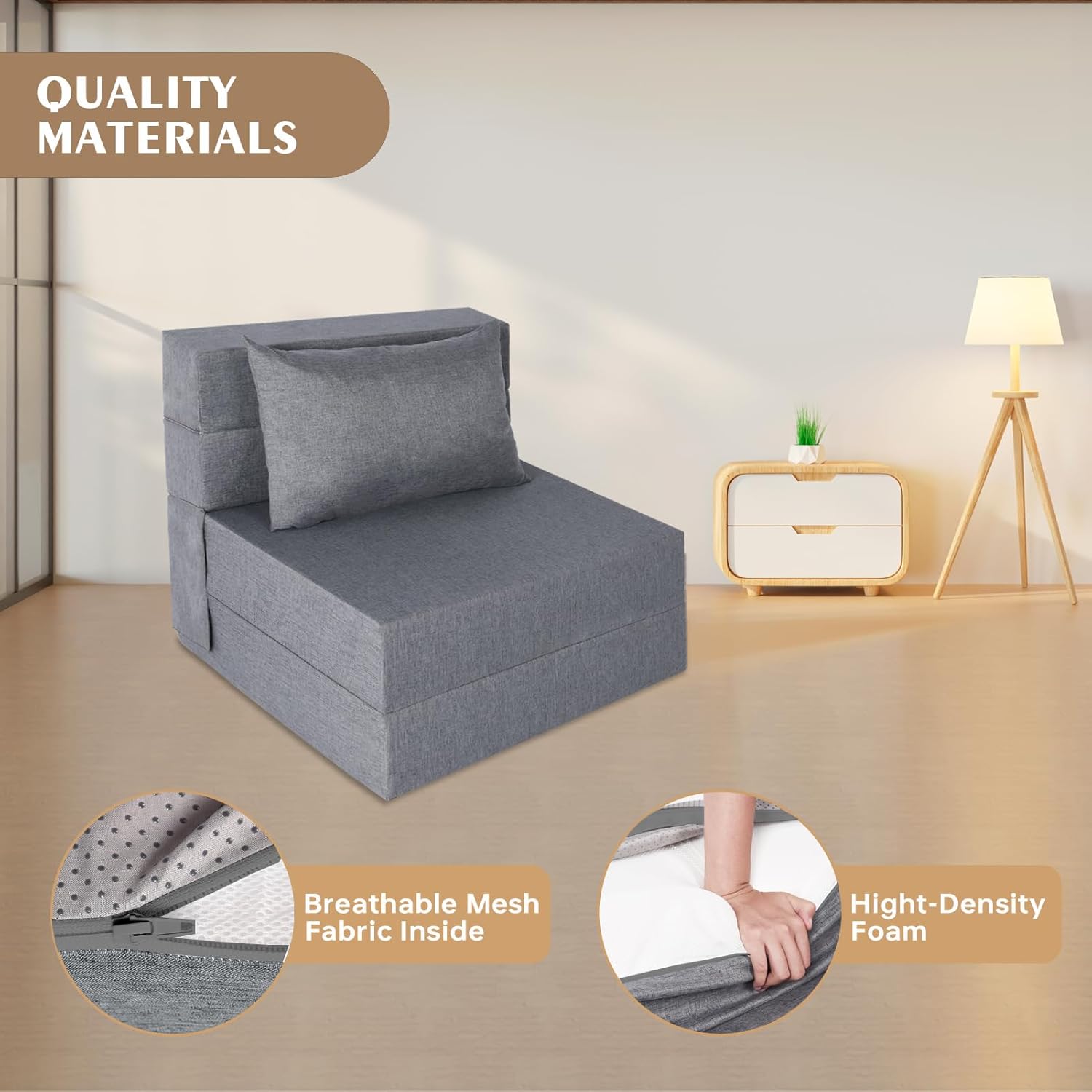 Fvkind Folding Sofa Bed, Convertible Futon Sofa Bed with Pillow, Fold Out Couch with Washable Cover, Foldable Sleeper Chair for Living Room, Dorm, Guest Room, Single Size, Light Grey