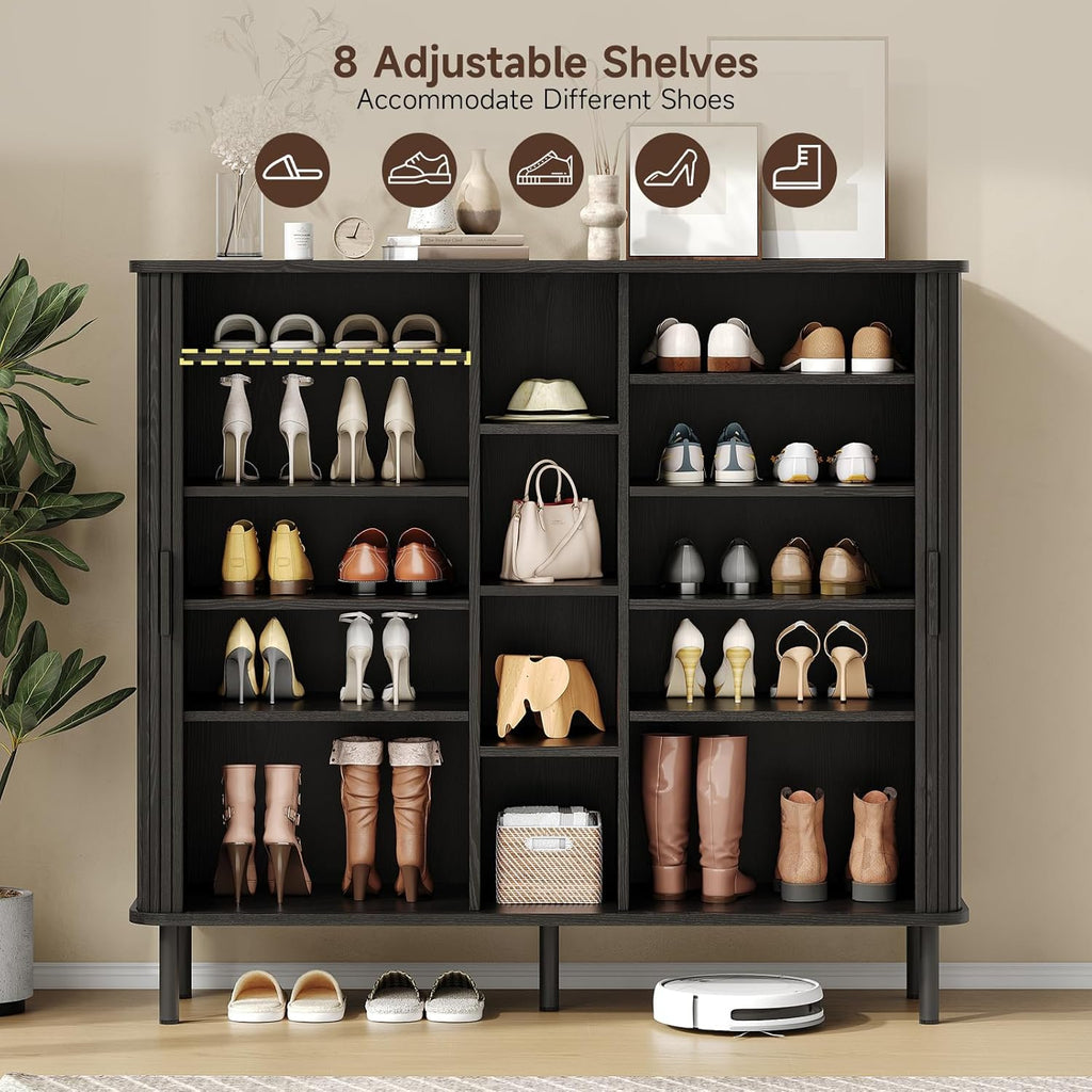 ONBRILL 43" Tall Fluted Shoe Cabinet with 8 Adjustable Shelves, Shoe Storage Cabinet with Sliding Door and 4 Open Shelves, Mid-Century Modern Shoe Organizer for Entryway, Hallway, Living Room, Black