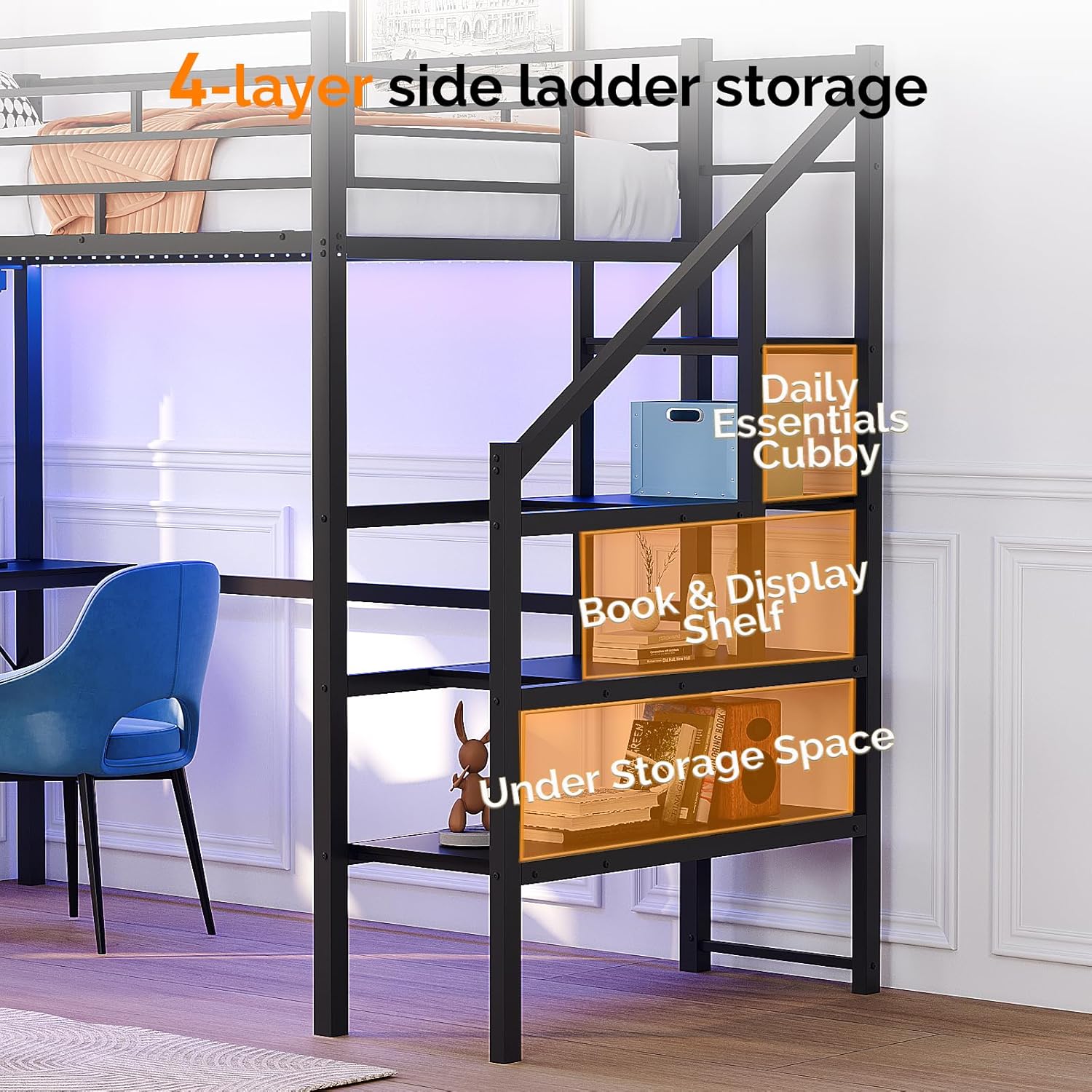 VINGLI Twin Loft Bed with Desk,15'' Extra High Safety Guardrail with 2 Charging Station,Heavy Duty Metal Loft Bed Frame with Staircase,LED Light, Kids/Teens/Adults,Black