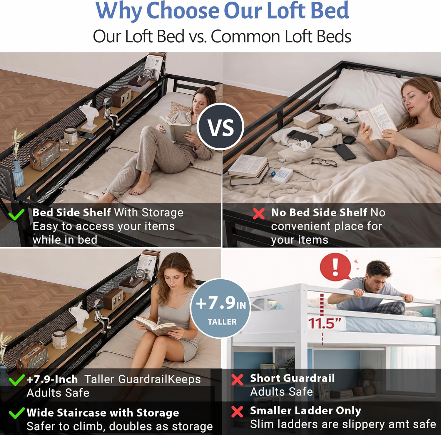 Queen Size Loft Bed with Stairs and Storage, Metal Loft Bed Frame with Bedside Shelf and Large Under-Bed Space, Heavy-Duty Loft Beds for Adults Teens and Kids, Convertible Staircase, Black