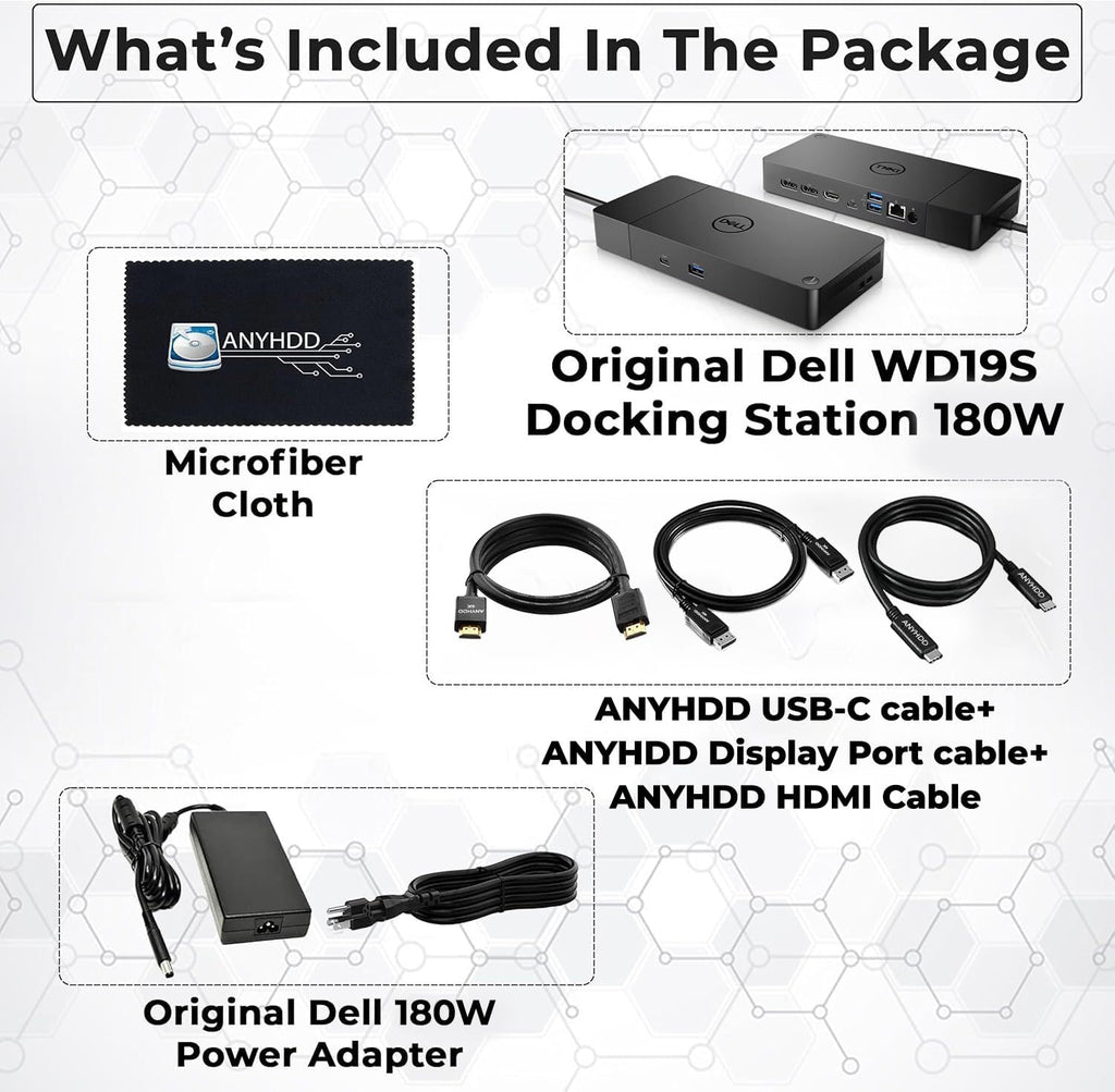 Dell WD19S Docking Station Dual Monitor Bundle - 180W  Supports 4K Display  Dell Dock with 180W Power Supply + Anyhdd 4K HDMI Cable + 4K DisplayPort Cable + USB-C Cable + Microfiber Cloth Included