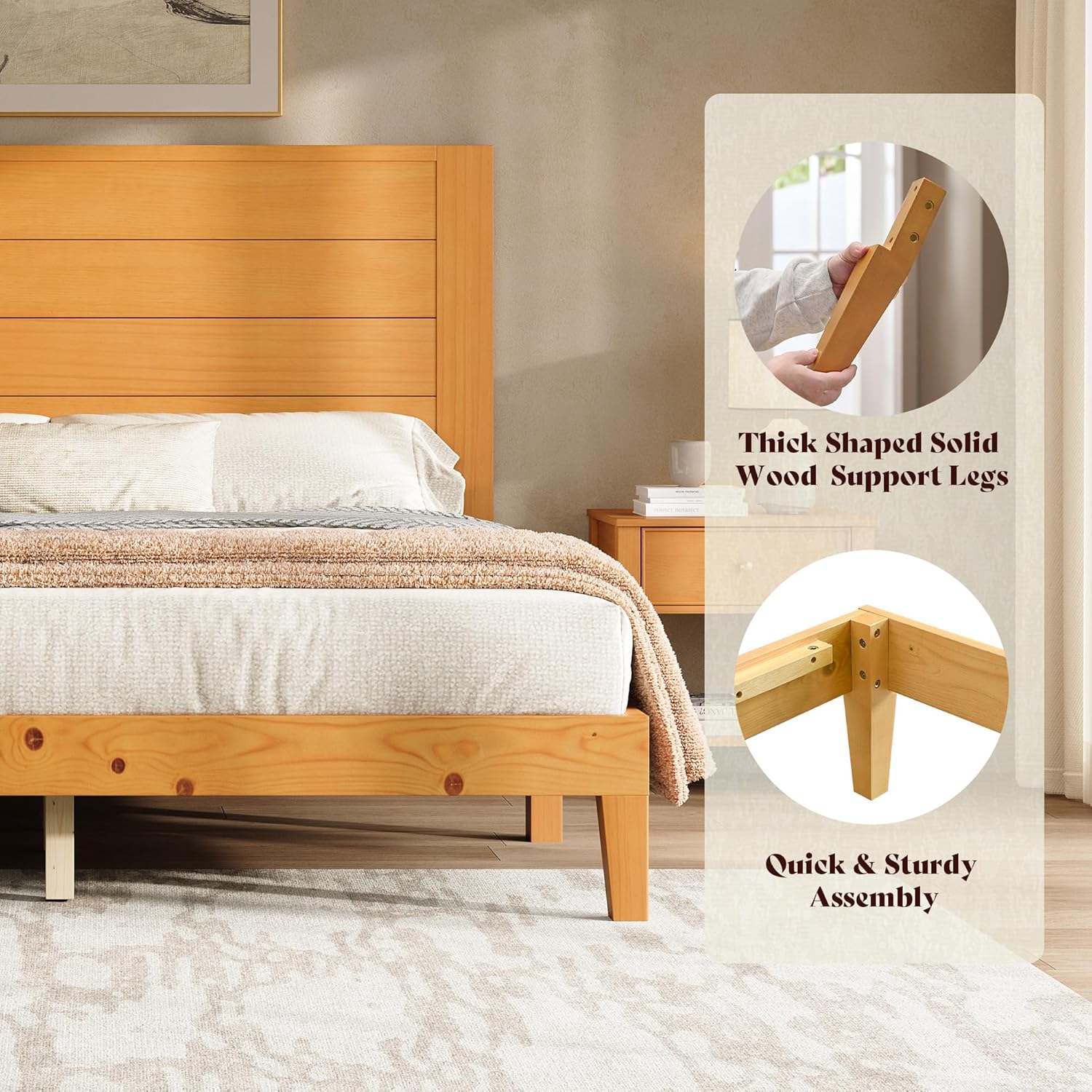 AMERLIFE Full Sizes Solid Wood Bed Frame with 48" Headboard, Mid Century Modern Platform Bed with Silent Wood Slat System, No Box Spring Needed, Under-Bed Storage, Natural