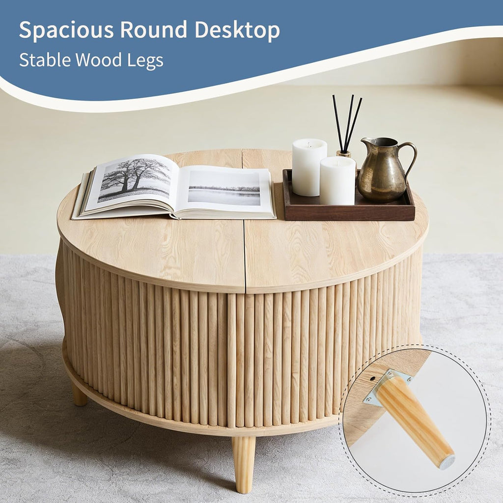 DUMOS Coffee Table, Round Coffee Tables with Storage, Fluted Center Table for Living Room, 31.69" Mid Century Modern Table with Sliding Cabinet Door, 2-Tier Rustic Wood Desktop, Wood