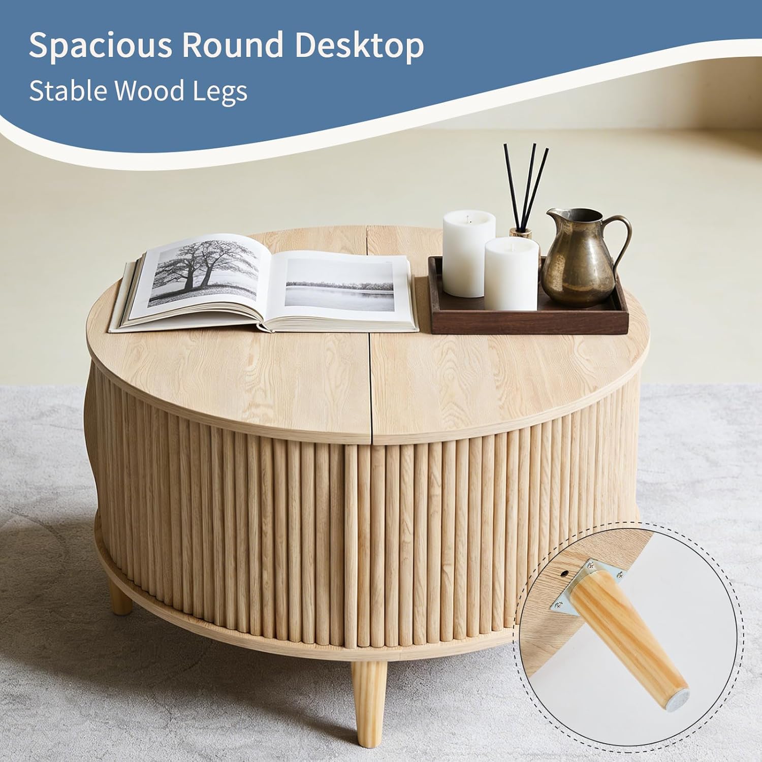 DUMOS Coffee Table, Round Coffee Tables with Storage, Fluted Center Table for Living Room, 31.69" Mid Century Modern Table with Sliding Cabinet Door, 2-Tier Rustic Wood Desktop, Wood