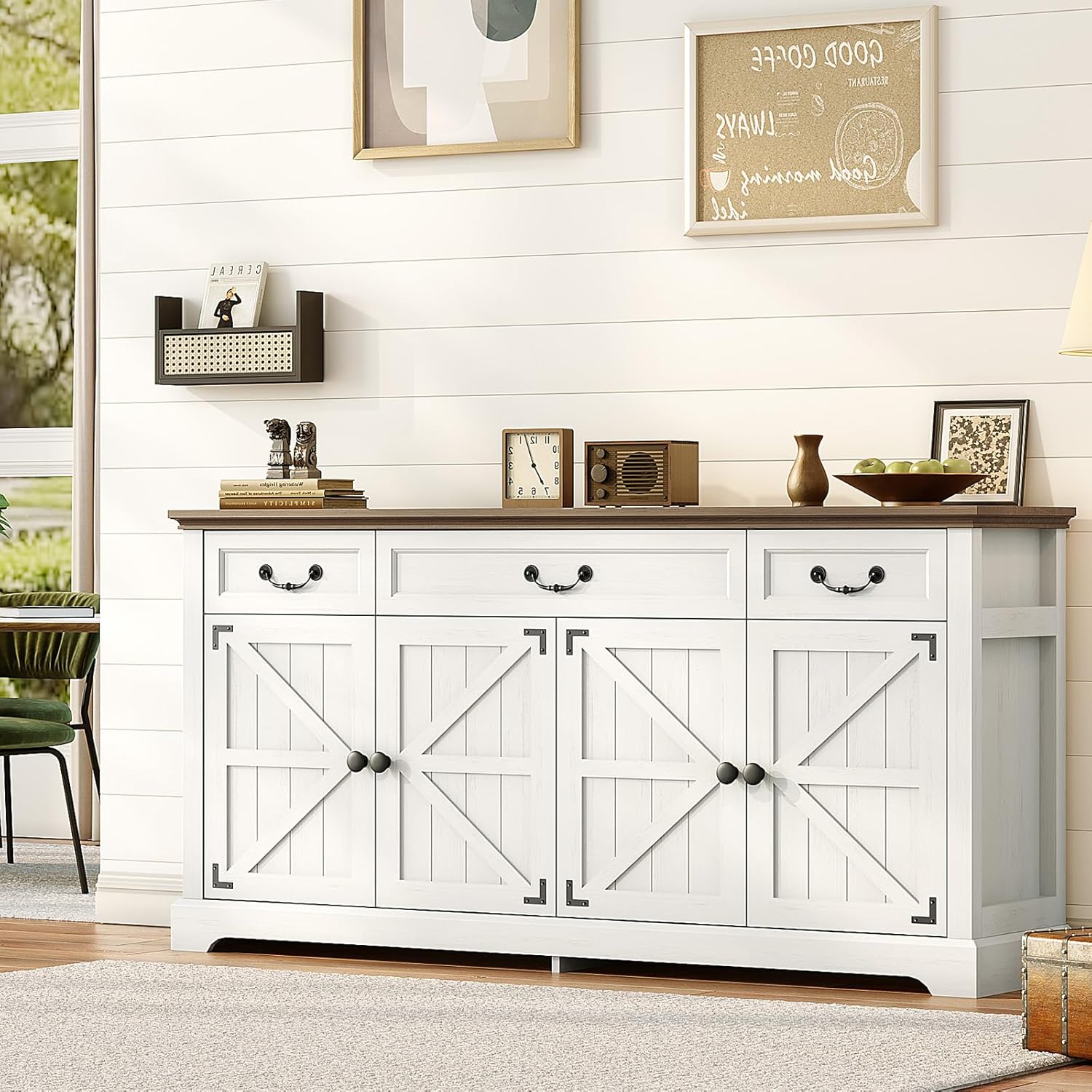Sunny Heart 65" Large Buffet Storage Cabinet, Farmhouse Kitchen Sideboard Buffet with 3 Drawers and 4 Doors, Coffee Bar Wine Bar Cabinet with Storage for Living Room, White