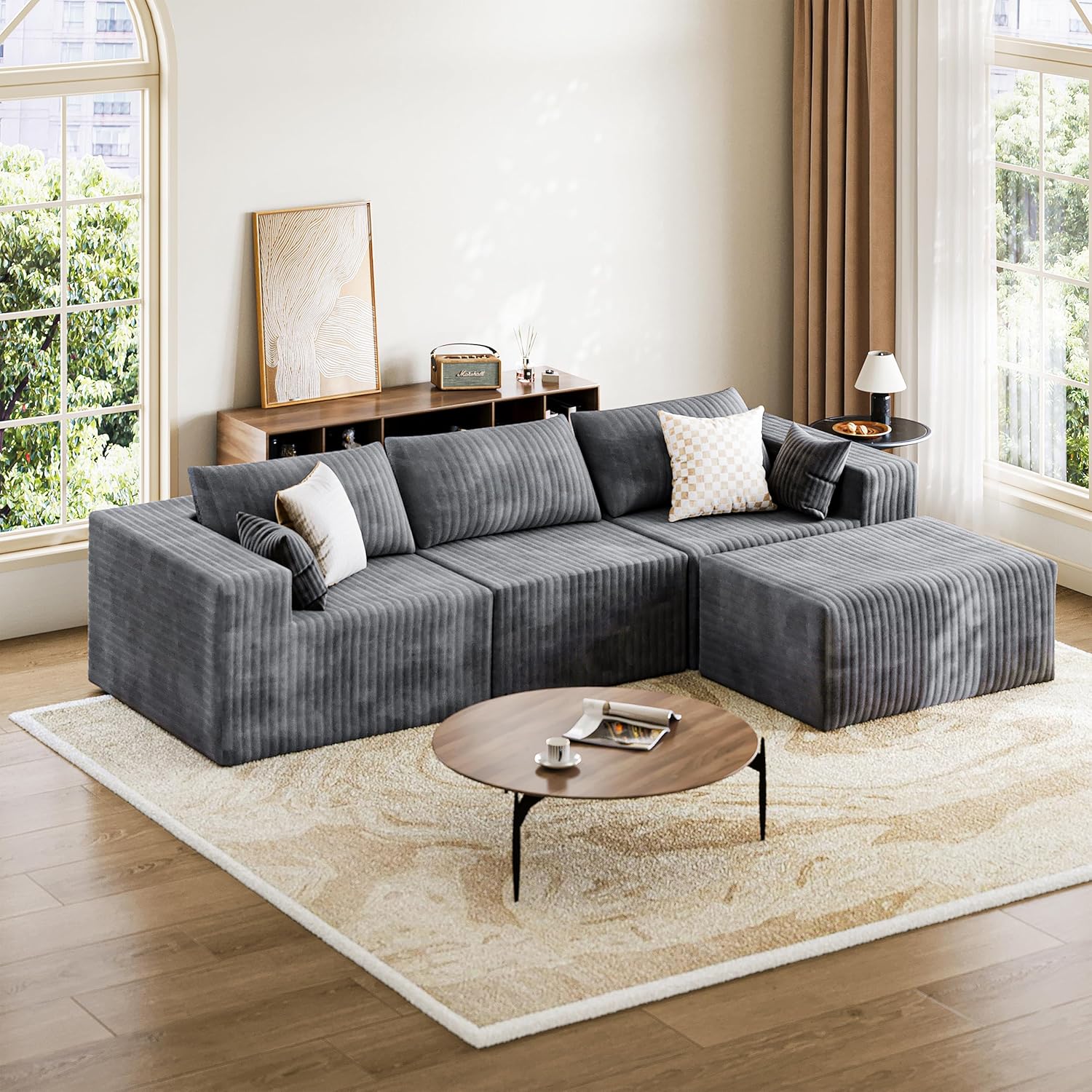 110" Boneless Couches for Living Room Cloud Couch Modular Sectional Sofa with Deep Seat Plush Large Foam Sofa L-Shape Sofa Couch,No Assembly Required, Carbon Gray(Plush Corduroy Fabric)