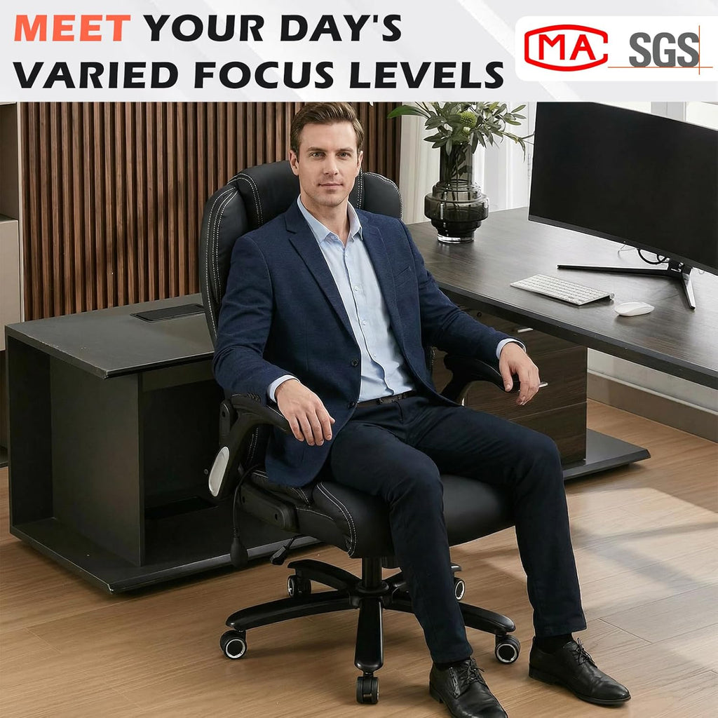 700lbs Big and Tall Office Chair - Heavy Duty Executive Desk Chair with Inflatable Lumbar Support, Extra Wide Padded Seat, Flip-up Arms, Metal Base & Quiet Rubber Wheels, High Back Ergonomic Chair