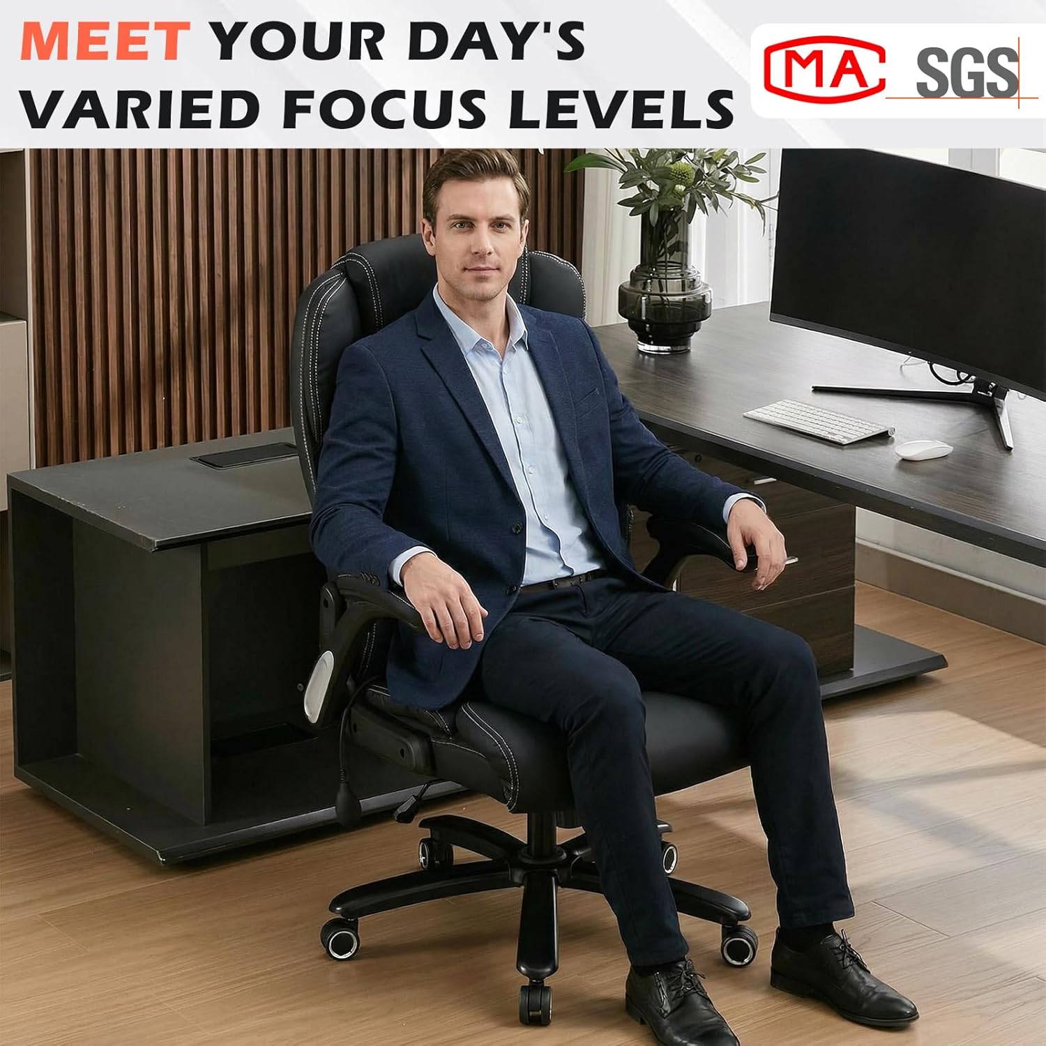 700lbs Big and Tall Office Chair - Heavy Duty Executive Desk Chair with Inflatable Lumbar Support, Extra Wide Padded Seat, Flip-up Arms, Metal Base & Quiet Rubber Wheels, High Back Ergonomic Chair