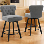 Counter Height Bar Stools Set of 2, 26" Mid-Century Swivel Bar Stool with Metal Base for Kitchen Island, Rivet Armless Linen Fabric Barstool with High Back and Large Thick Cushion, Gray