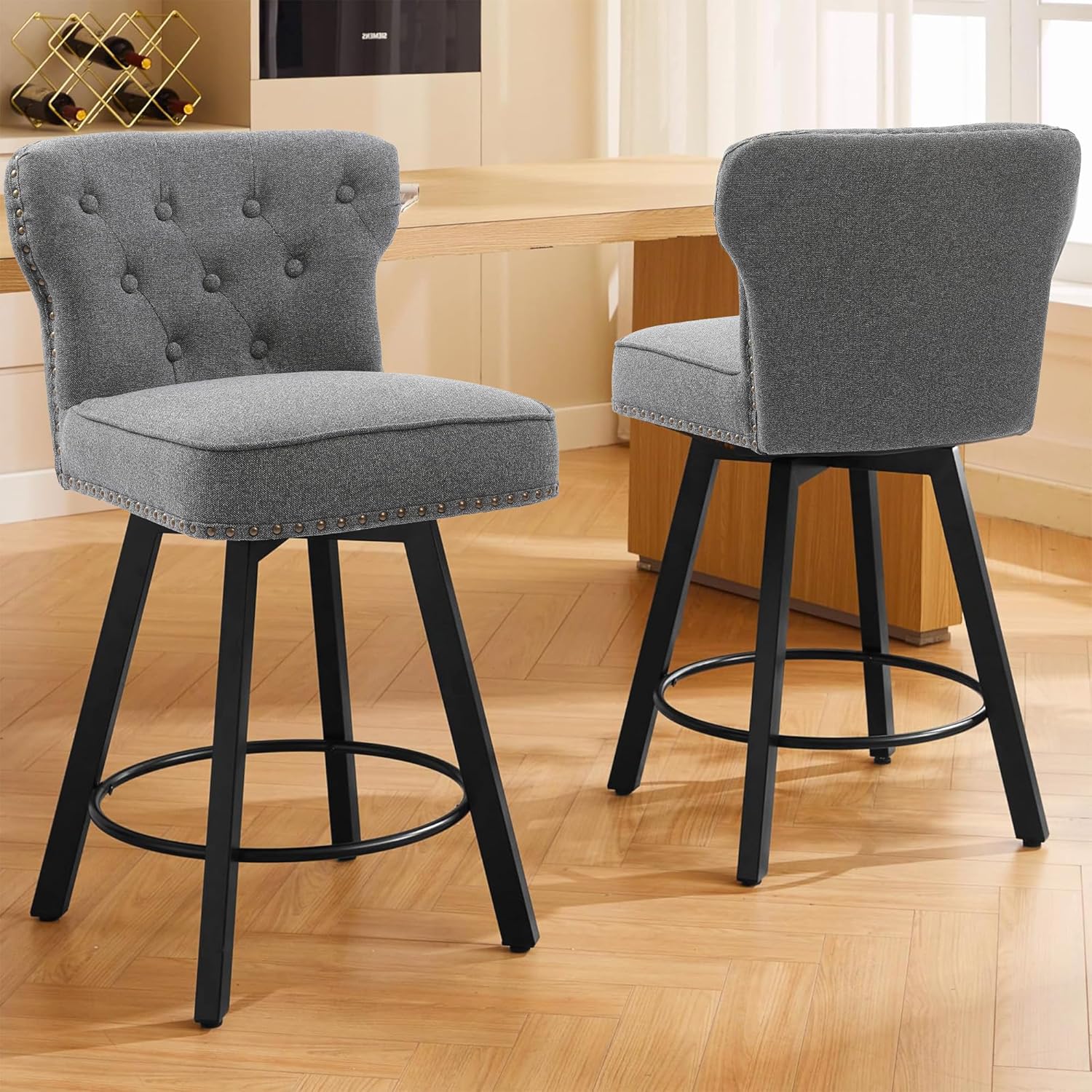 Counter Height Bar Stools Set of 2, 26" Mid-Century Swivel Bar Stool with Metal Base for Kitchen Island, Rivet Armless Linen Fabric Barstool with High Back and Large Thick Cushion, Gray