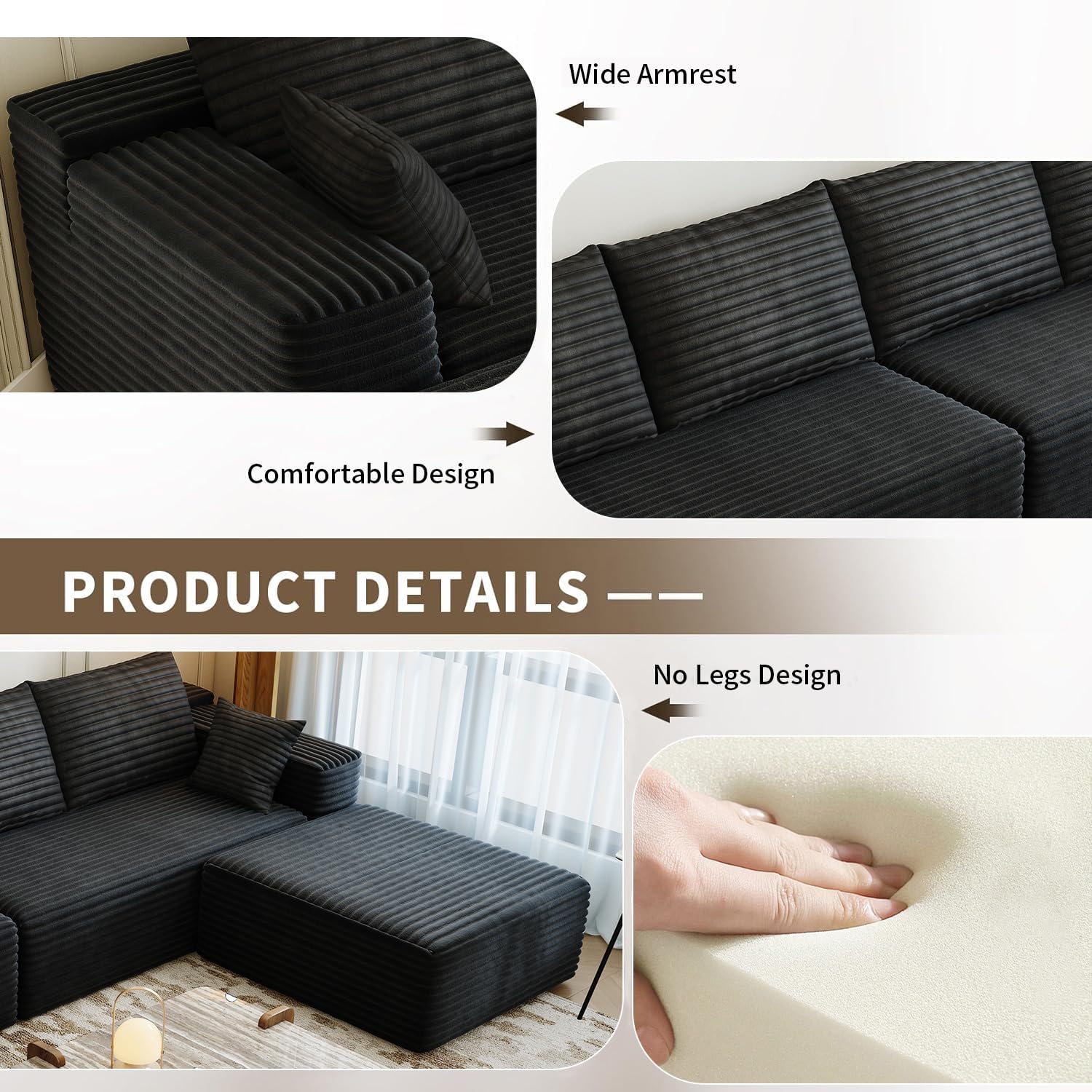 168.5" Modular Sectional Sofa, Oversized U-Shaped Minimalist Couches with 1 Middle Seat and 2 Ottomans Chaise, Modern Deep Seat Convertible Sleeper Sofa, Cloud Plush Corduroy Fabric,7 Seater, Black