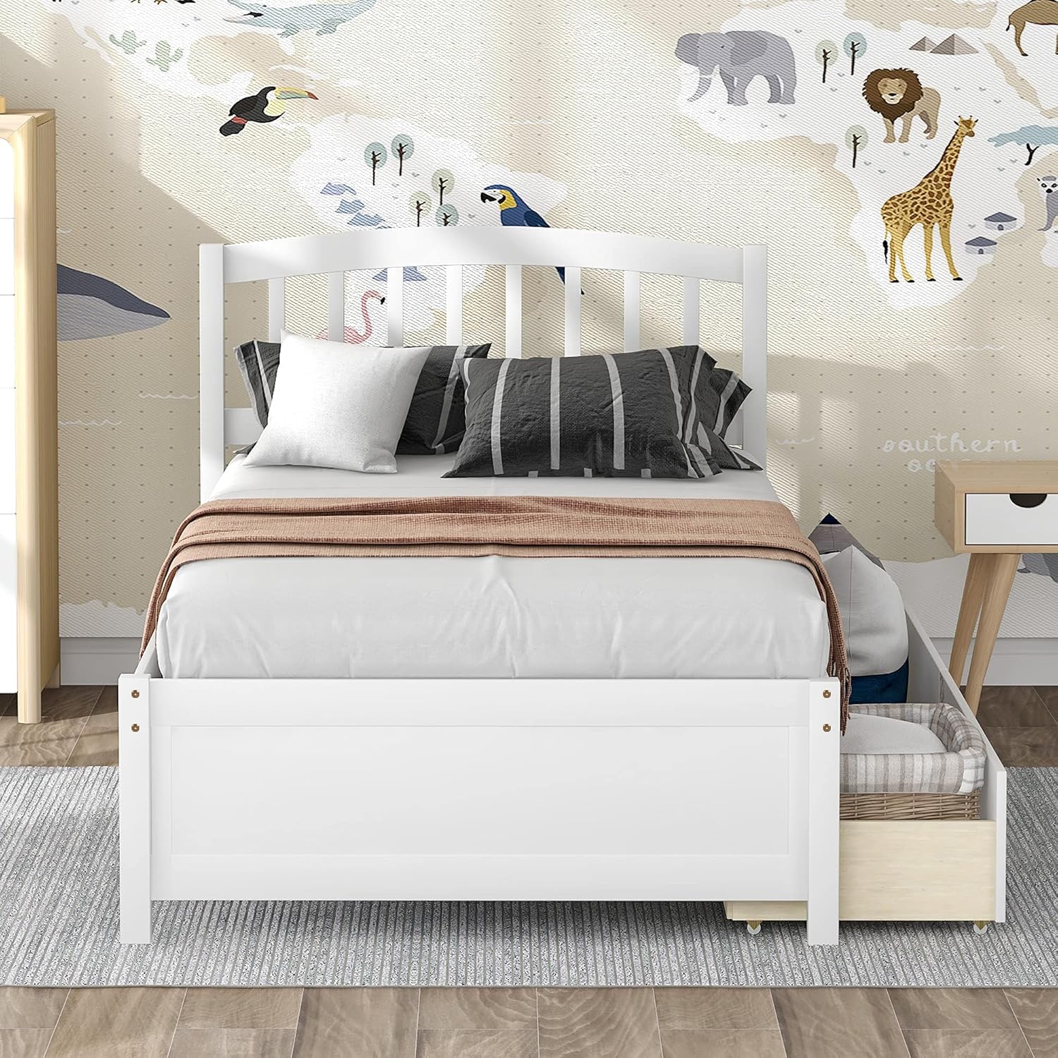 Harper & Bright Designs Twin Storage Bed Frame, Wood Platform Bed with Two Drawers and Headboard, White