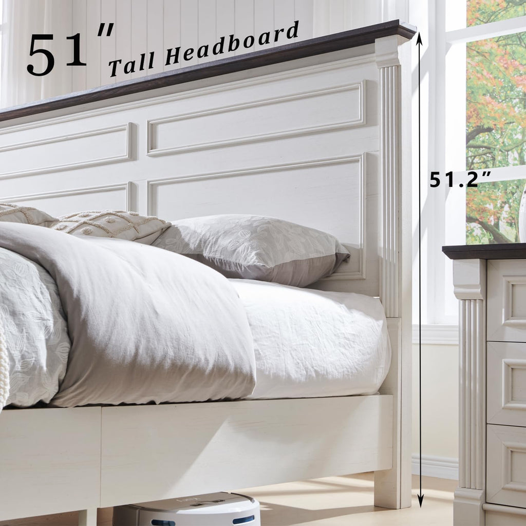 Farmhouse King Size Bed Frame with 51" Tall Headboard, Wood Platform Bed Frame with 20" Tall Roman Column Decoration Footboard & 3 Large Storage Drawers, No Box Spring Needed (White)