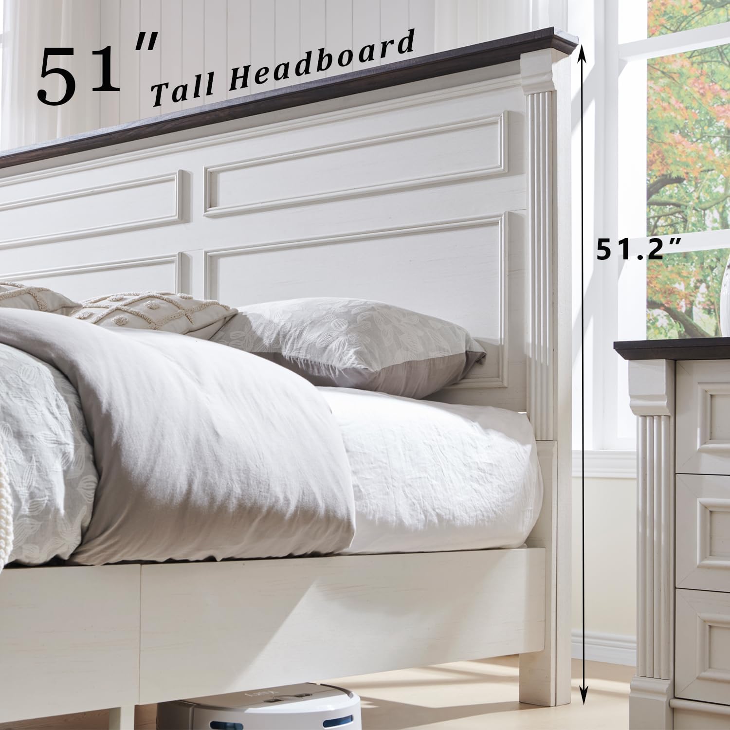 Farmhouse King Size Bed Frame with 51" Tall Headboard, Wood Platform Bed Frame with 20" Tall Roman Column Decoration Footboard & 3 Large Storage Drawers, No Box Spring Needed (White)