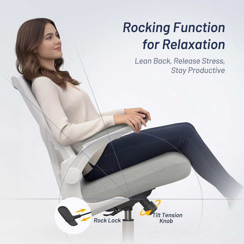 Office Chair for Long Hours & Back Pain Relief – 4" Thick Molded Foam Cushion, Padded Lumbar Support and Flip-up Armrests, Ideal for Office or Study, Light Gray