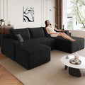 95" Modular Sectional Sofa with Ottoman, Modern Corduroy Cloud Couch with Deep Seat, Boneless Couch Upholstered 3-Seater U-Shaped Sofa for Living Room, No Assembly (Black,Right-Facing Chaise)