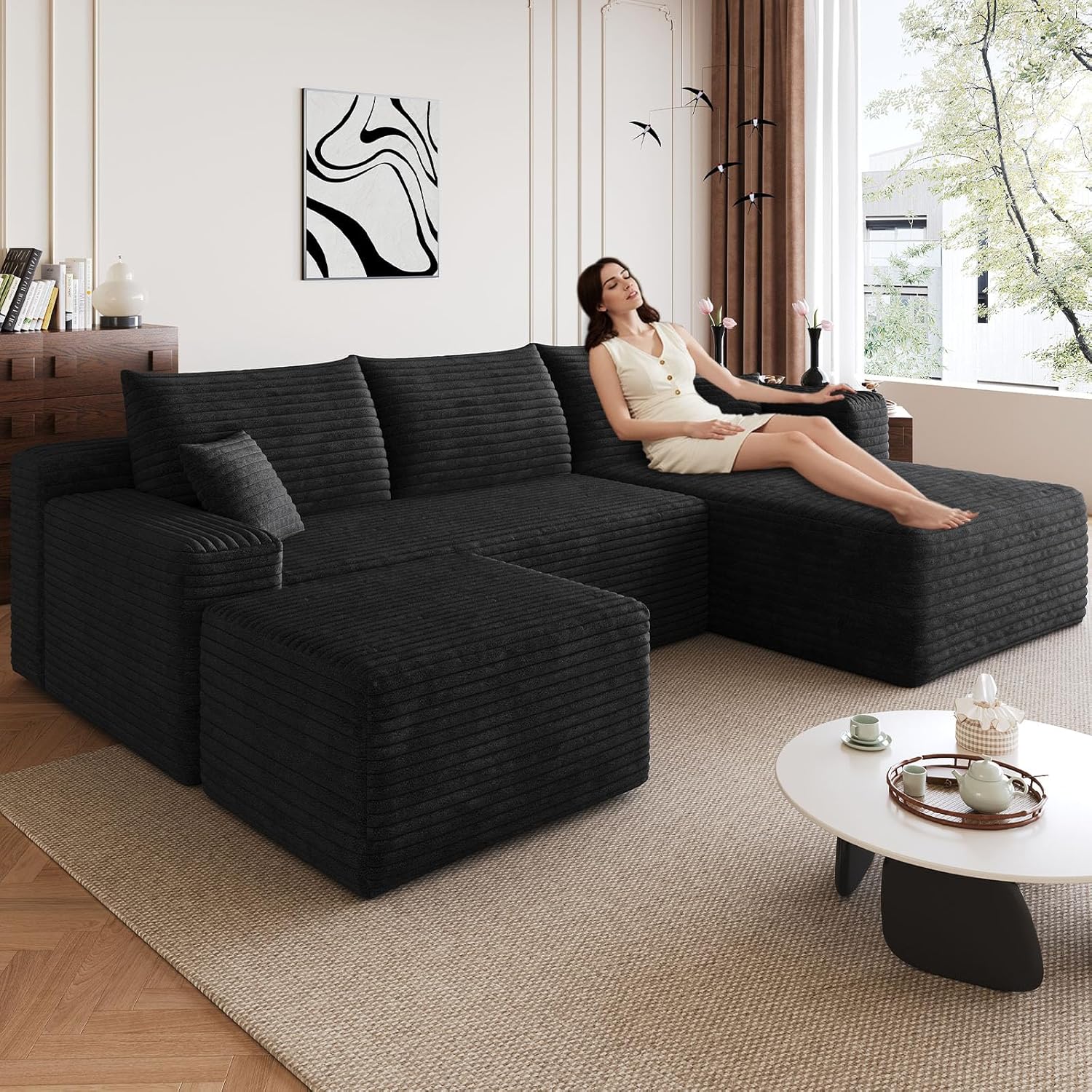 95" Modular Sectional Sofa with Ottoman, Modern Corduroy Cloud Couch with Deep Seat, Boneless Couch Upholstered 3-Seater U-Shaped Sofa for Living Room, No Assembly (Black,Right-Facing Chaise)