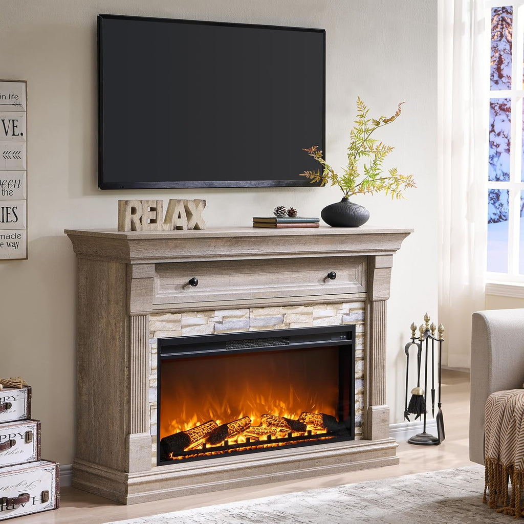 OKD 52" Farmhouse Electric Fireplace TV Stand with Mantel & Cabinet, 36" Freestanding Electric Fireplace Heater with Remote Control, Adjustable 3D Flame Effect, Light Rustic Oak