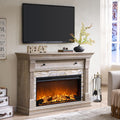 OKD 52" Farmhouse Electric Fireplace TV Stand with Mantel & Cabinet, 36" Freestanding Electric Fireplace Heater with Remote Control, Adjustable 3D Flame Effect, Light Rustic Oak