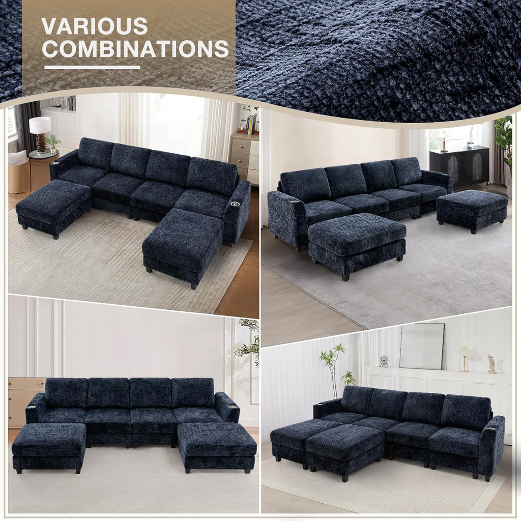110" Chenille U-Shape Sofa with Flexible Ottomans, Comfy Sectional Sofa with 2 Built-in Cup Holders, Convertible 4 Seats Couch with Well-Filled Back Cushions for Living Room, House, Blue