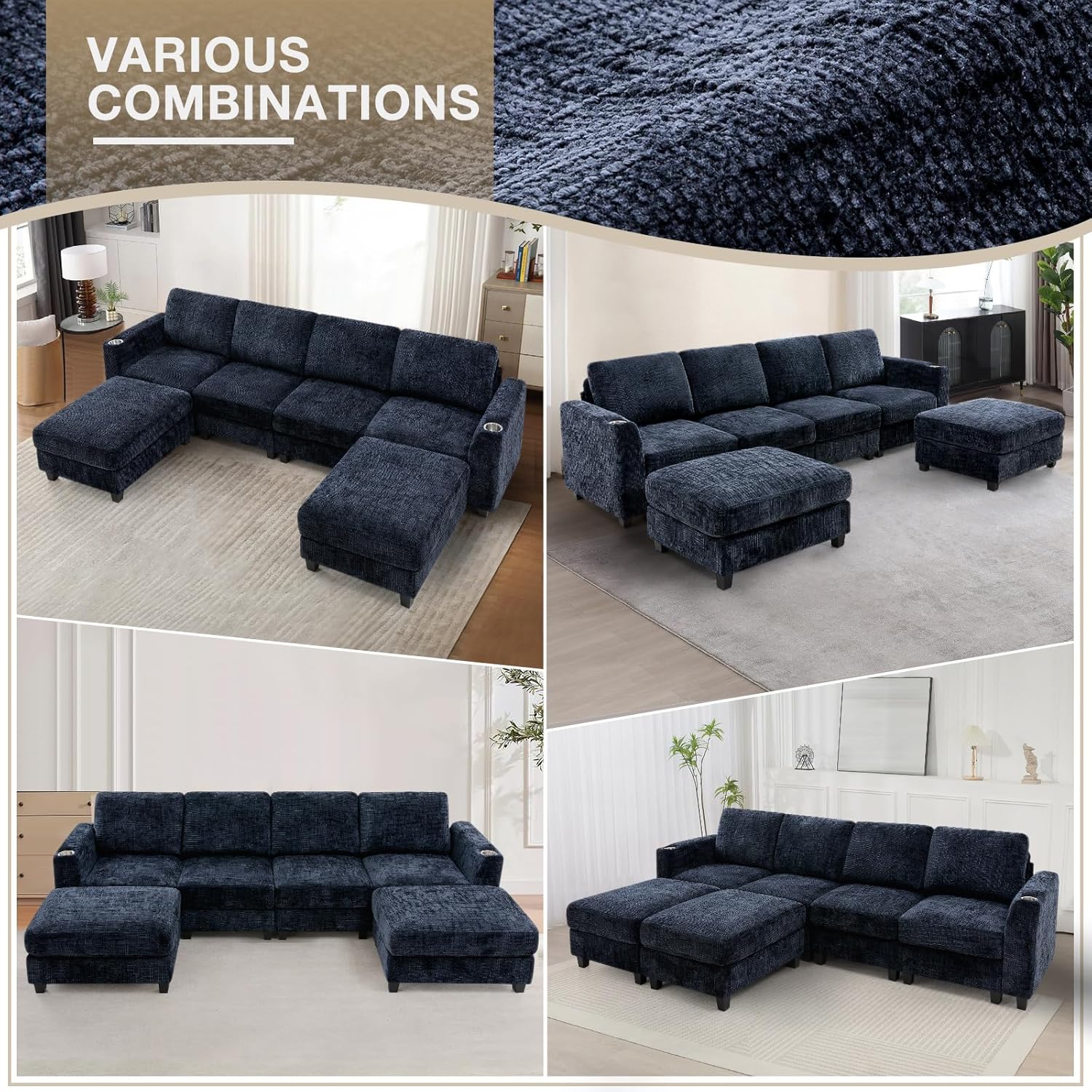 110" Chenille U-Shape Sofa with Flexible Ottomans, Comfy Sectional Sofa with 2 Built-in Cup Holders, Convertible 4 Seats Couch with Well-Filled Back Cushions for Living Room, House, Blue