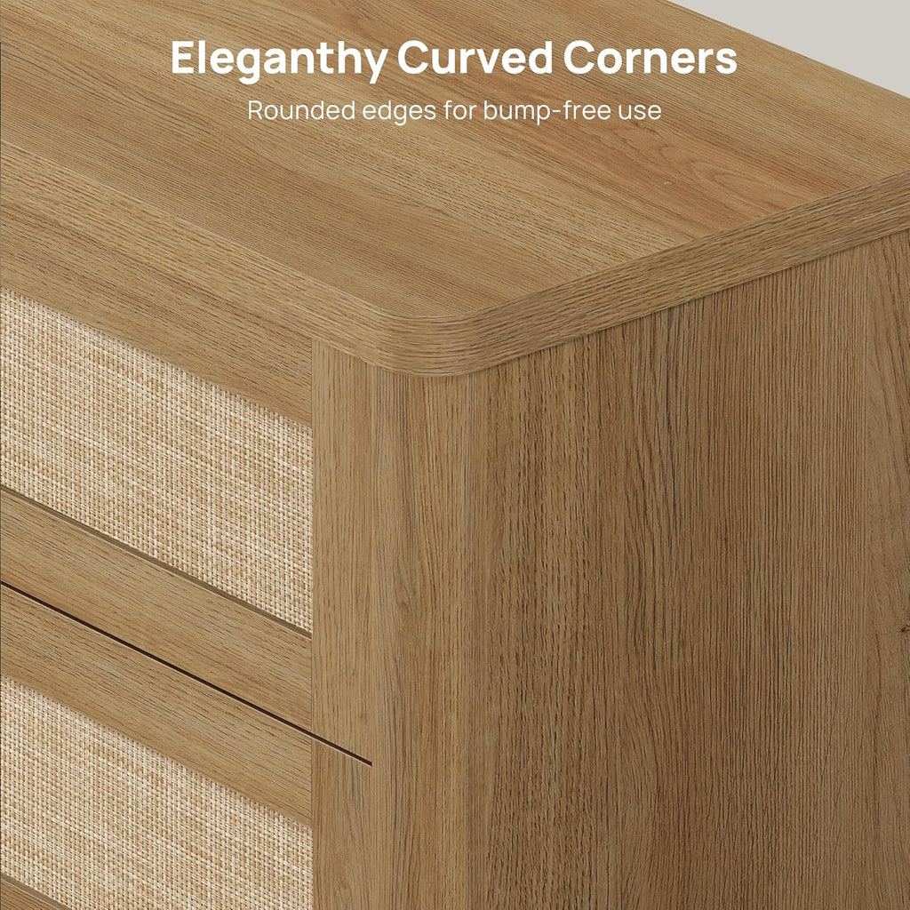 SICOTAS Rattan Nightstand Set of 2, 26.8" Wide Oversized 3 Drawer Night Stands, Boho Bedside End Tables with Push-Close & Kid-Safe Rounded Edge for Bedroom Guest Room Home Office Entryway, Amber Oak