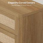 SICOTAS Rattan Nightstand Set of 2, 26.8" Wide Oversized 3 Drawer Night Stands, Boho Bedside End Tables with Push-Close & Kid-Safe Rounded Edge for Bedroom Guest Room Home Office Entryway, Amber Oak