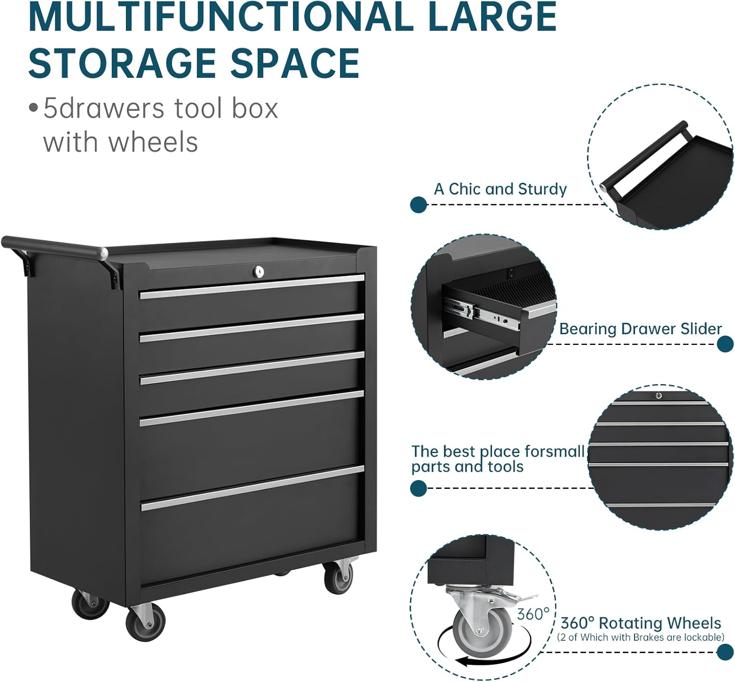 5-Drawer Rolling Tool Chest, Heavy Duty Tool Storage Cabinet with Drawers & Locking Mechanism & Wheels, Multifunctional Utility Tool Storage Chest Organizer for Warehouse, Repair Shop.