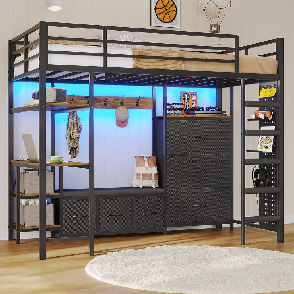 DICTAC Loft Bed Twin Size with 6 Storage Drawers,Coat Rack and Open Shelves Metal Twin Loft Bed with Desk,Charging Station and LED Light,loft beds with Large Pegboard,Stairs and Safety Guardrail,Black