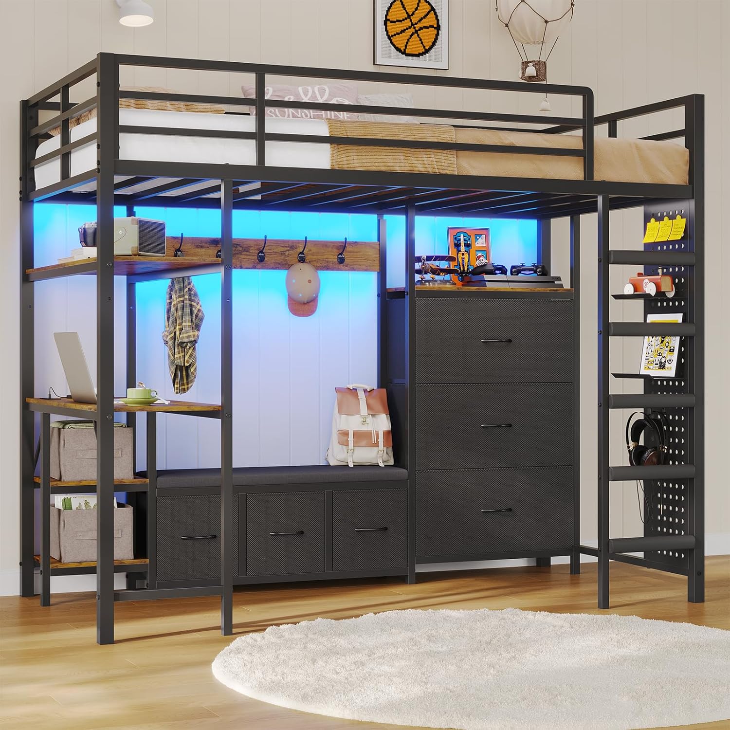 DICTAC Loft Bed Twin Size with 6 Storage Drawers,Coat Rack and Open Shelves Metal Twin Loft Bed with Desk,Charging Station and LED Light,loft beds with Large Pegboard,Stairs and Safety Guardrail,Black