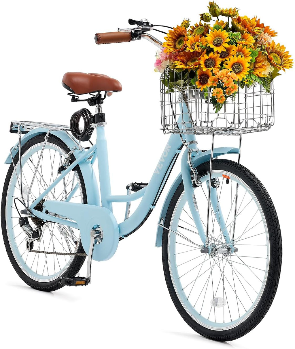 VEVOR Women Bike, 7-Speed and 1-Speed, 24-26 Inch Pink and Light Blue Beach Cruiser Bike, with Large Capacity Basket and Rear Rack, Adjustable Seat, Fits for Cycling, Exercise & Shopping