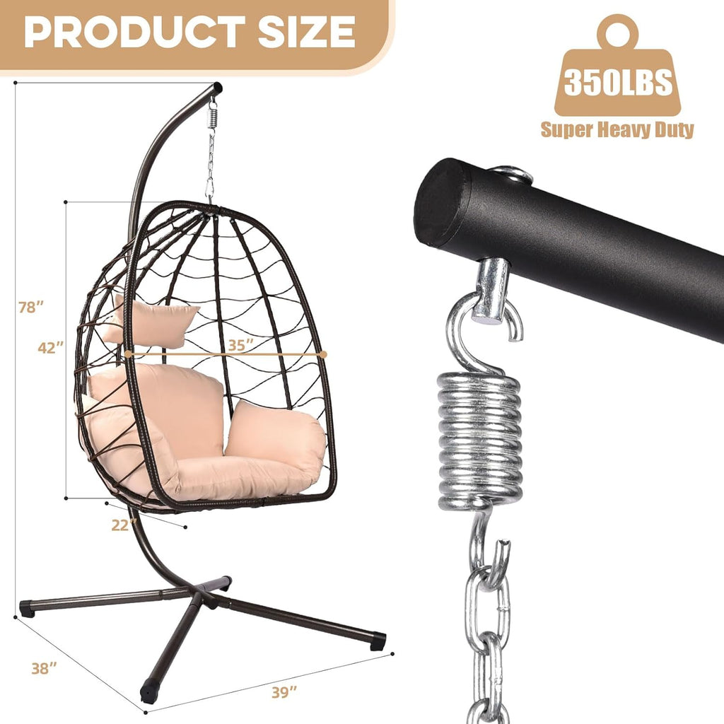 Egg Chair with Stand Outdoor Ratten Wicker Hanging Egg Chair Outdoor Indoor with Thickened Cushion Swing Chair Hammock for Patio Apartment Bedroom Garden Balcony (Brown Wicker+Khaki Cushion)