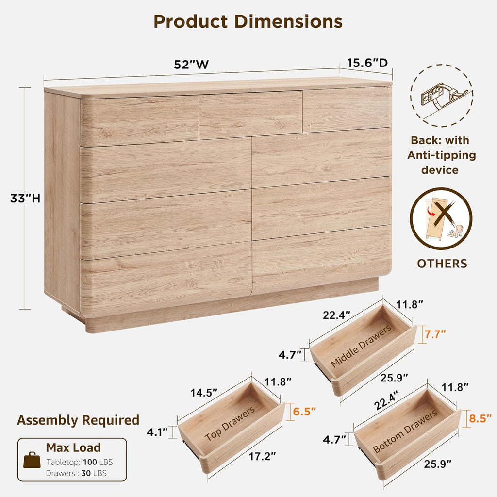 JXQTLINGMU 9 Drawer Dresser for Bedroom, 52" Wide Modern Wood Dressers with Push-to-Open Drawers for Closet Storage, Chest of Drawers TV Stand for Living Room & Hallway, Curved Profile, Natural