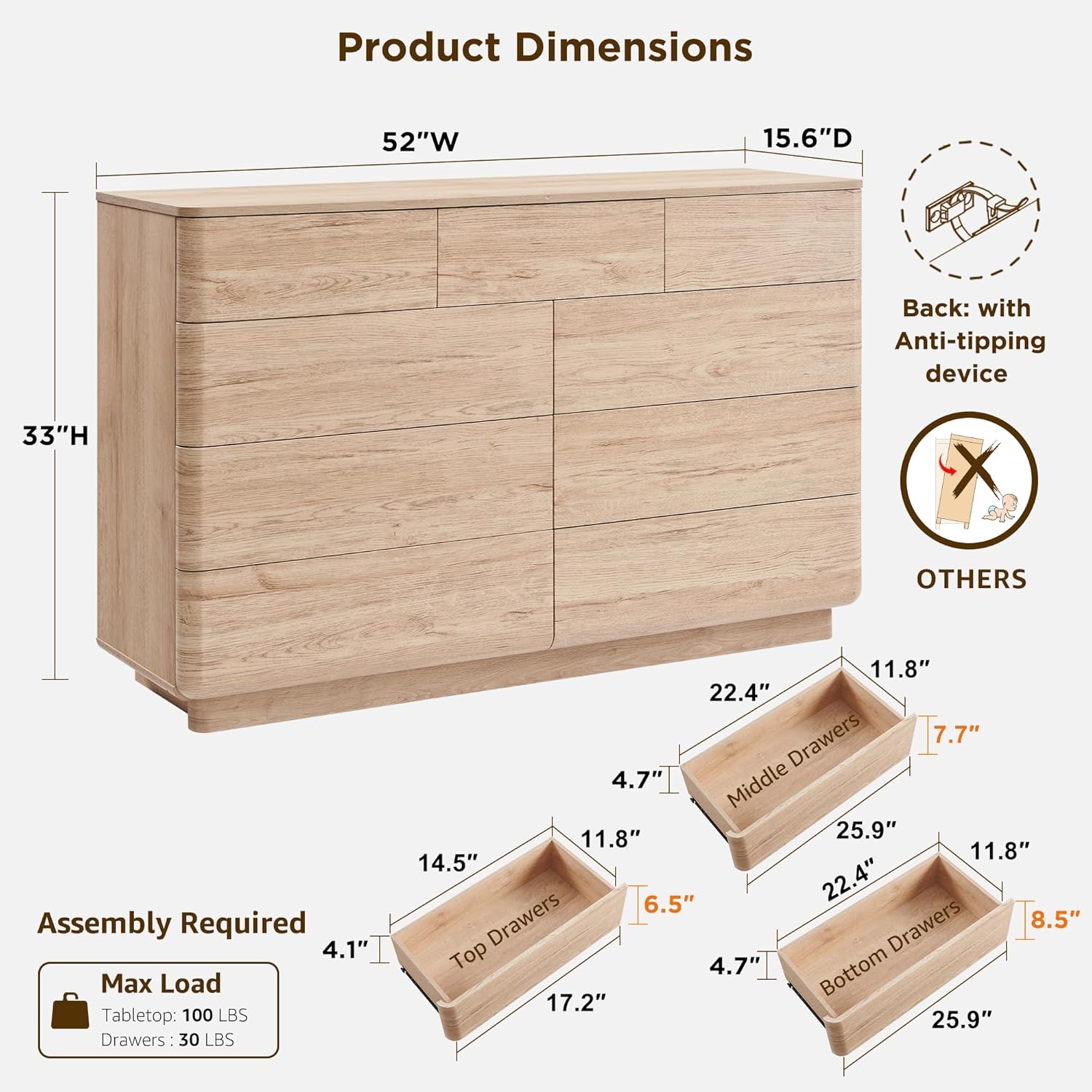 JXQTLINGMU 9 Drawer Dresser for Bedroom, 52" Wide Modern Wood Dressers with Push-to-Open Drawers for Closet Storage, Chest of Drawers TV Stand for Living Room & Hallway, Curved Profile, Natural