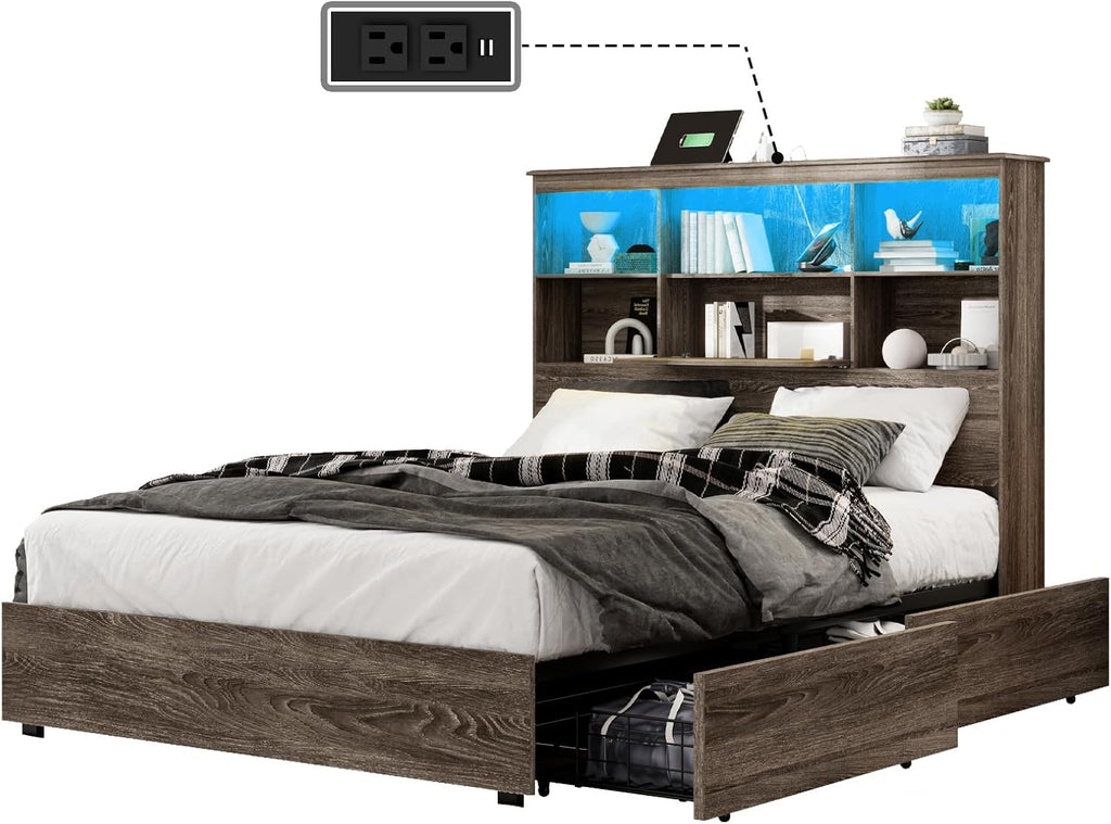 Queen Size Bed Frame with LED Bookcase Headboard, Wooden Storage Bed with Charging Station & 4 Drawers, No Box Spring Needed/Noise-Free/Rustic Grey