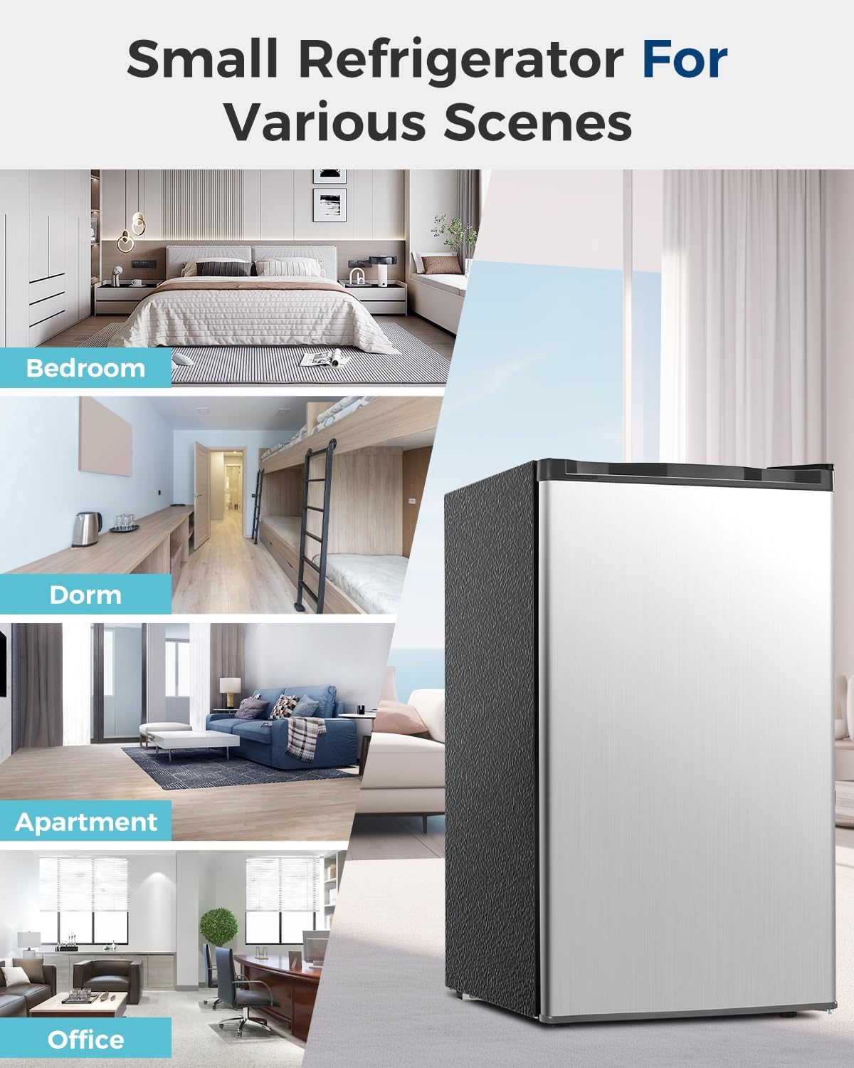 Mini Fridge with Freezer - 3.2 Cu.Ft Single Door Mini Refrigerator with Adjustable Thermostat, Low Noise, Energy Saving, Small Fridge for Bedroom, Apartment, Dorm, Classroom, Office - Silver