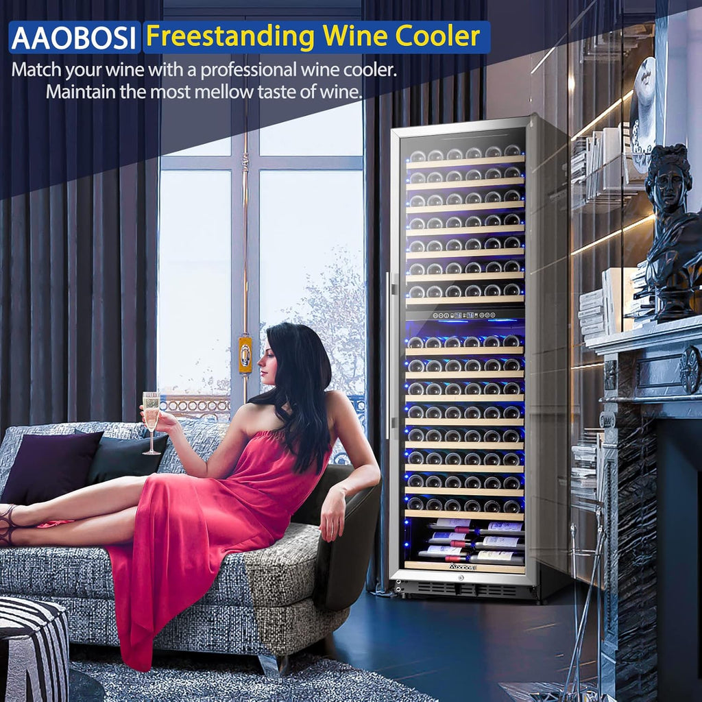 AAOBOSI Wine Cooler Refridgerator 24 Inch, 176 Bottles Dual Zone Wine Fridge with Double-Layer Tempered Glass Door and Temperature Memory Fuction,Built-in or Freestanding.