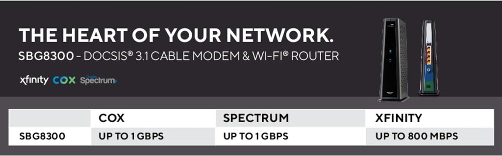 ARRIS (SBG8300) - Cable Modem Router Combo - Fast DOCSIS 3.1 Gigabit & AC2350 WiFi  Comcast Xfinity  Cox  Spectrum & more  1 Gbps Max Internet Speeds   4 OFDM Channels