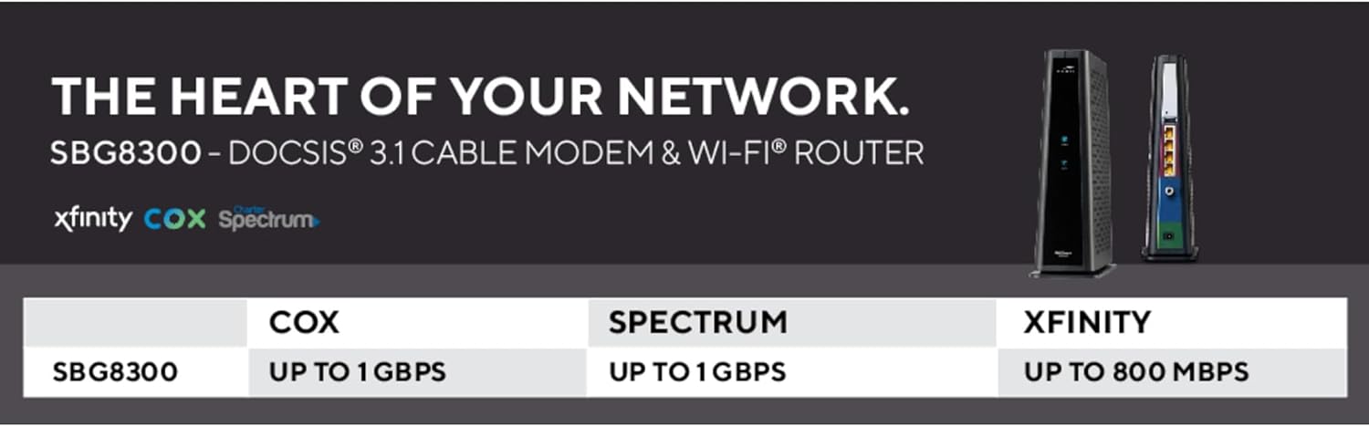 ARRIS (SBG8300) - Cable Modem Router Combo - Fast DOCSIS 3.1 Gigabit & AC2350 WiFi  Comcast Xfinity  Cox  Spectrum & more  1 Gbps Max Internet Speeds   4 OFDM Channels