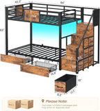 BTHFST Bunk Bed Twin Over Twin with Stairs, LED Lights Twin Bunk Bed with 2 Storage Drawers & 6 Fabric Drawers, Metal Twin Loft Beds with Guardrail & Stairs, Space Saving, Sturdy Frame