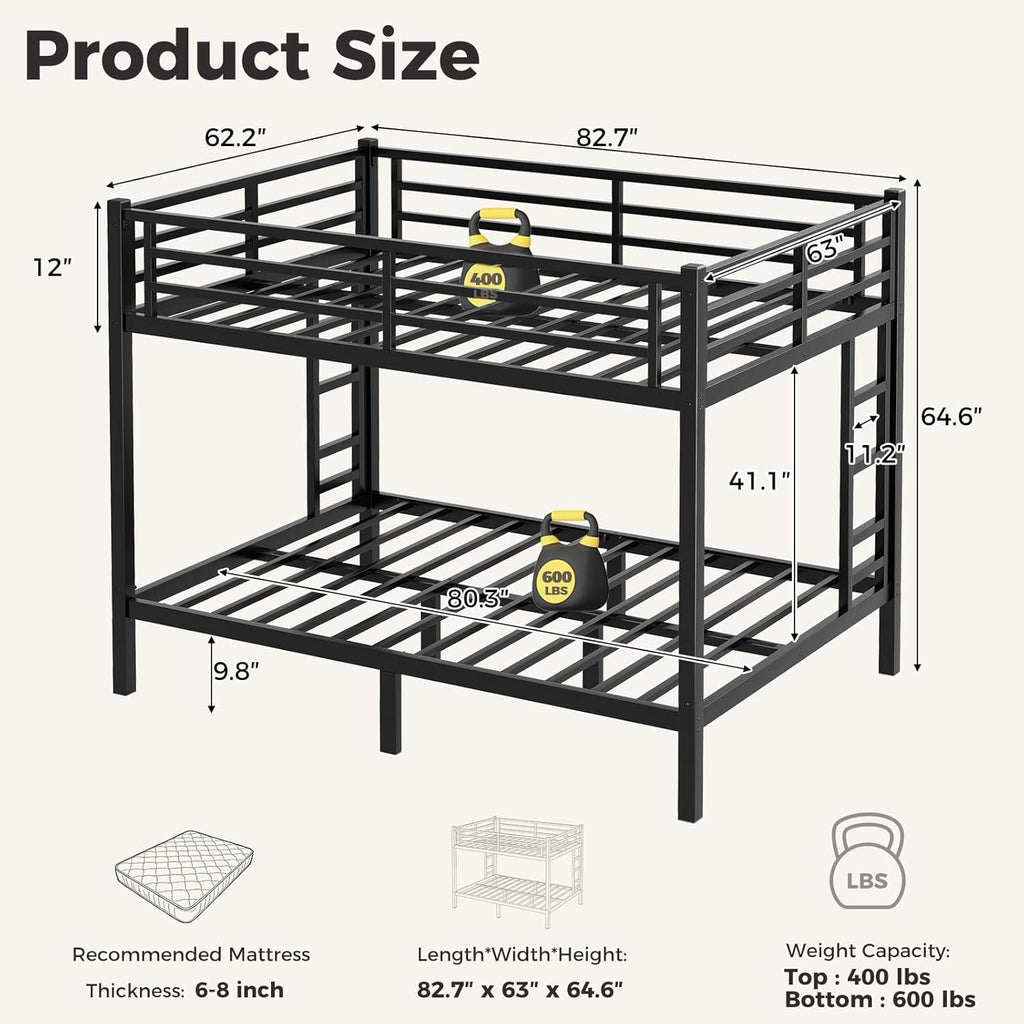 Queen Over Queen Bunk Bed Frame, Heavy Duty Metal Loft Bed for Adults/Teens, 400/600LB Capacity w/Ladder & Guardrail, Noise-Free Steel Slats, No Box Spring Required, Black