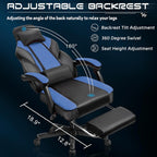 Video Game Chair for Adults, Gaming Chair with Footrest, Big and Tall Computer Chair with Massage Lumbar Support 330lbs Weight Capacity, Adjustable Height, 360° Swivel Seat and Headrest (Blue)