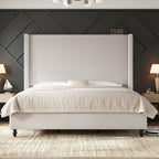AMERLIFE King Size Bed Frame with 65" Tall Headboard, Upholstered Corduroy Bed Frame with Wingback, Platform Bed with Solid Wood Gourd Legs, Solid Slats, No Box Spring Needed, White
