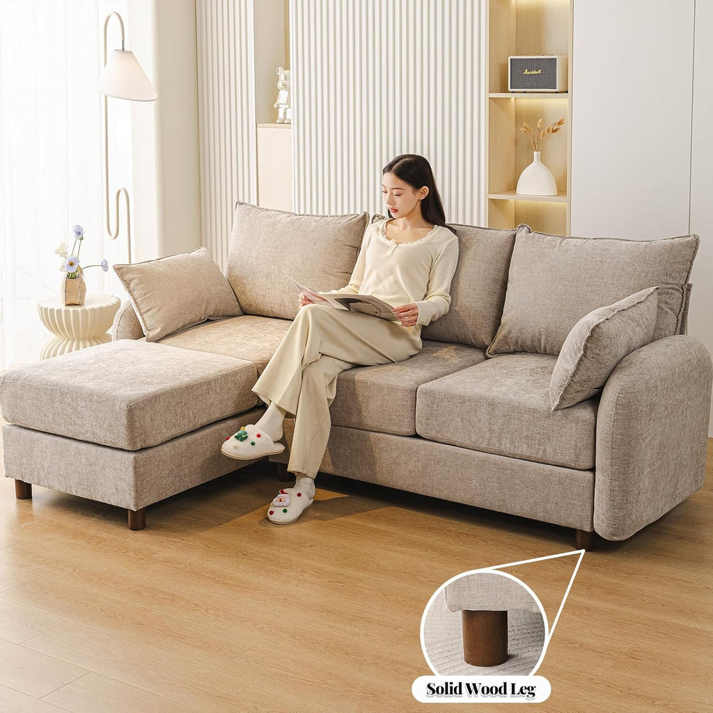 86'' Sectional Couches, L Shaped Couch with Movable Chaise Lounge,Comfy 3 Seats Sofa with Thick Cushion,Wood Legs,2 Throw Pillows,Sectional for Living Room,Bedroom,Apartment,Chenille,Khaki